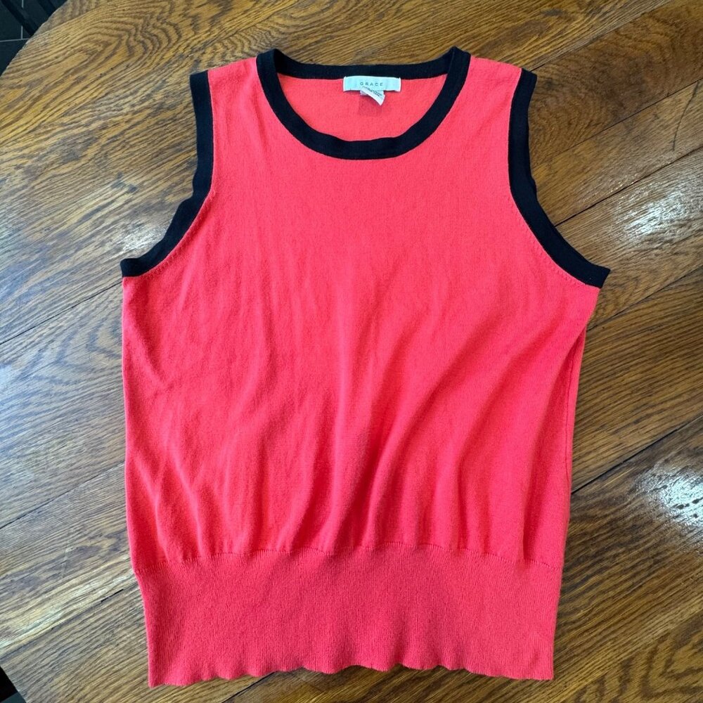 Grace Women's XL Preppy Sleeveless Red Sweater Tank Top Black Trim XL